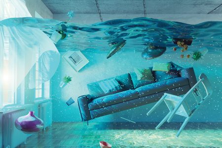 an underwater view in the flooding interior. 3d concept